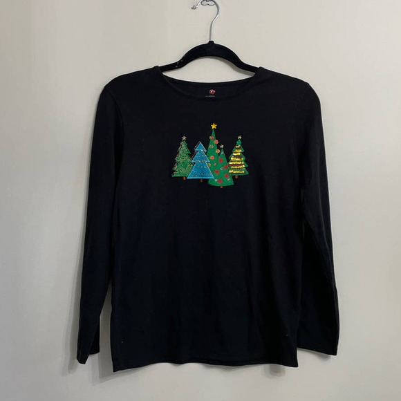 Women's Mercer Street Black Christmas Shirt Tree Sweater Sz S Holiday Knit Top - Picture 1 of 8